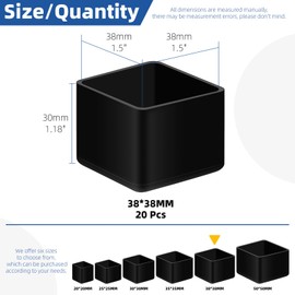 Glarks 20pcs 38mm x 38mm/1.5 x 1.5in Square Chair Leg Caps, Black PVC Furniture Pad Table Feet Covers, Square Chair Leg Covers to Protect Wood Tile Floors Felt Pads Furniture Leg Caps Reduce Noise