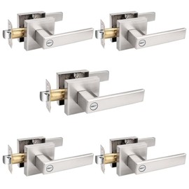 Probrico 5 Pack Bed and Bath Privacy Door Locks, Nickel Finish Handleset,Keyless Feature,Modern Square Door Handles Interior Door Levers Heavy Duty Hardware