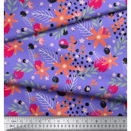 Soimoi Purple polyester Crepe Fabric Pecan Leaves & Floral Fabric Prints By metre 42 Inch Wide