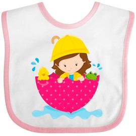 inktastic Girl in Raincoat, Girl with Umbrella, Brown Hair, Frog, Duck Baby Bib White and Pink 460b1
