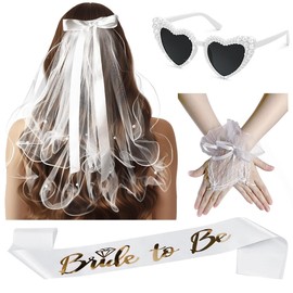 Bride to Be Sash and Veil Set with Lace Gloves Headband and Heart Sunglasses Hen Party Accessories Hen Do Decorations for Bridal Shower Bachelorette Party and Wedding