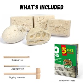 Dinosaur Fossil Digging Kit for Kids, 5-in1 Dinosaur Skeleton Dig Kit for Boys and Girls Age 6+, Science Educational Dinosaur Toys for Kids, Christmas Birthday Gift for Kids 6 7 8 9 Years Old