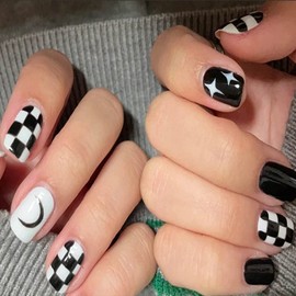 Carufin 24 Pieces Chess Star Moon Nail Stickers Platinum Powder Stars Crystal False Nail Stickers Print on False Nails Daily Use Artificial Nails (A)