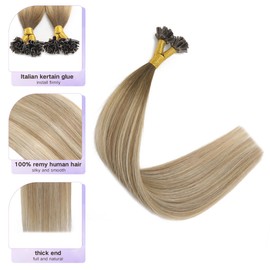 U Tip Hair Extensions Real Human Hair 50 Strands 50g 20inch Balayage Ombre Walnut Brown to Ash Brown and Blonde Pre Bonded Hair Extensions Nail U Tip Hair Extensions #3/8/22 20inch