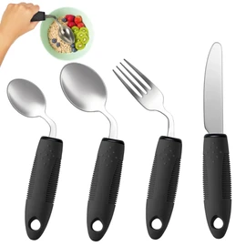 4-Piece Adaptive Utensils Set - 42° Angled Parkinsons Utensils, Weighted Utensils for Tremors and Parkinsons Patients, Easy Grip Weighted Silverware for Hand Tremors (Black: Right-handed)