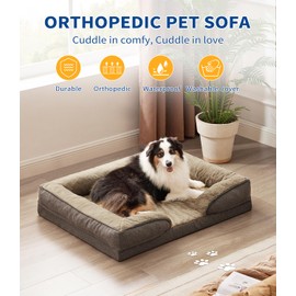 Made4pet Dog Bed Orthopedic Dog Sofa for Large Dogs,Supportive Foam Pet Cushions Bed with Washable Removable Cover, Egg-Crate Foam, Waterproof Lining Bottom, Brown, 42 * 32 * 8 Inch