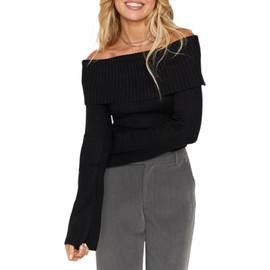 Women Fall Sweater Long Sleeve Off-Shoulder Solid Casaul Jumpers Knit Pullover Tops for Daily (Black, M)