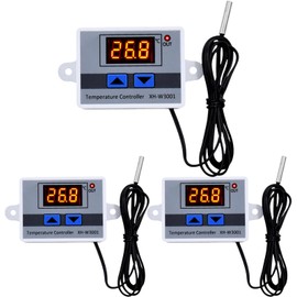Pack of 3 Digital Temperature Controller, XH-W3001 Digital Thermostat with Sensor, Waterproof Probe, AC110V-220V Temperature Switch, LCD Display, Heating and Cooling