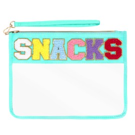 Hmxpls Snack Bag for Travel, Chenille Letter Bag, Nylon Clear Cosmetic Makeup Bag with Zipper, Preppy Patch Travel Pouch for Women Girls Gift (Green-Snacks)