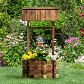 Breezestival Wooden Wishing Well Planter for Outdoors with Hanging Bucket, Rustic Flower Planter Patio Garden Decorative, Brown