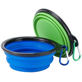 Collapsible Dog Bowls, 2 Pack Travel Dog Bowls, Portable Pet Feeding Water Dish for Pet Walking Parking Traveling with 2 Carabiners (Small, Blue+Green)