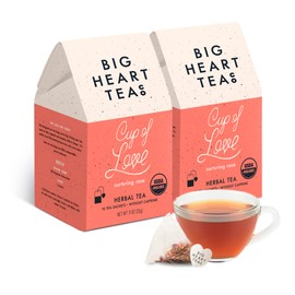 Big Heart Tea Co. Tea Bags - Cup of Love Red Rose - Certified Organic, Floral Ayurvedic Herbal Decaf Tea in Zero Plastic Sachets with Small Batch Ground Herbs, Adaptogenic Tulsi, 2 Boxes - 20 Tea Bags