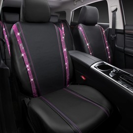 CAR PASS Bling Car Seat Covers Full Set, Shining Rhinestone Diamond Waterproof Faux Leather, Rear with Zipper, Universal Fit Automotive Glitter Crystal Sparkle Strips for Women Girl, Black Pink