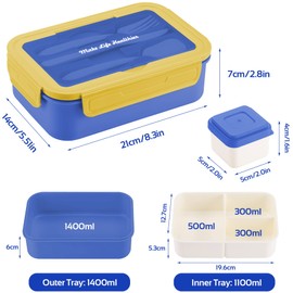 LUZOON Lunchbox, Bento Box Brotdose Erwachsene 1400ml mit 3 FäChern für Kinder inkl. Besteck, Jausenbox für Mikrowellen Und SpüLmaschinen, Schule, Arbeit, Picknick, Reisen, BPA Frei (Blau+Saucenbox)