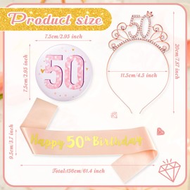 Chuangdi Rose Gold Happy 50th Birthday Sash and 50 Birthday Tiara Rhinestone Crown Headband 50 Birthday Badge for 50 Birthday Gift Party Accessories 50th Birthday Decoration Girls Women