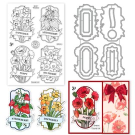 INFUNLY Spring Flower Clear Stamps and Dies Set Strawberry Fruits Floral Transparent Silicone Stamps Label Cutting Die for Card Making DIY Craft Scrapbooking Christmas Greeting Card Decor