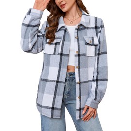 Elesuit Women's Flannel Plaid Shacket Long Sleeve Sherpa Lined Jackets Button Down Shirts Jacket Coats Light Grey Medium