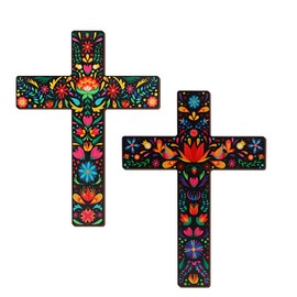 Lebsitey Floral Cross Wall Decor, 2 PCS Mexican Cross Decor, Hand Painted Wood Day of The Dead Wall Cross for Home Room Church Decoration, 8.7 x 11.8 Inch