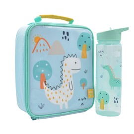 Kichna Kids Doodle Dino Insulated Lunch Bag and Water Bottle Set Childrens Cooler Bag and Water Bottle with Flip Up Spout Straw