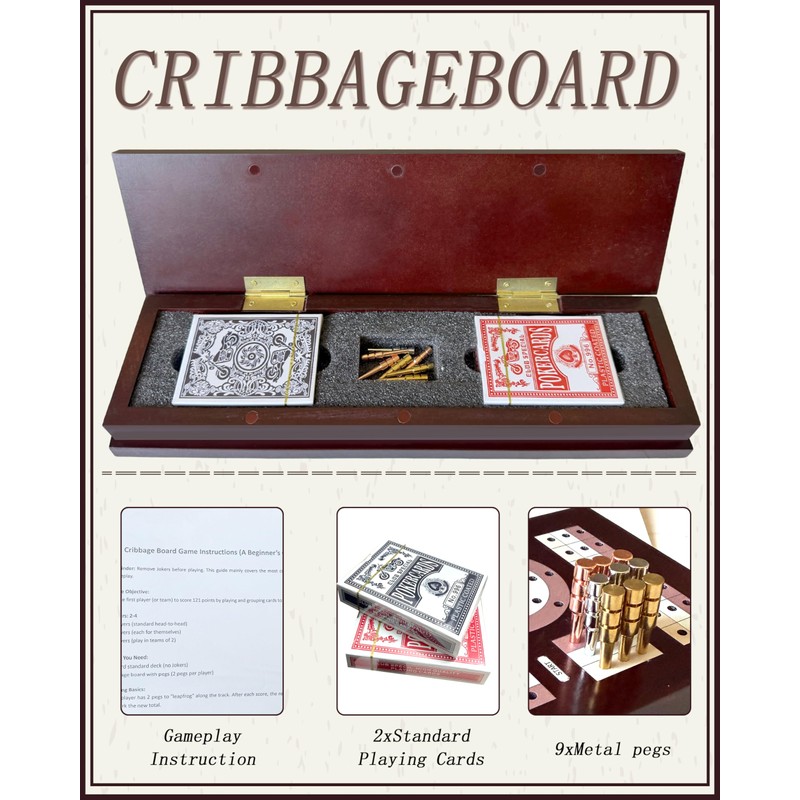 Wooden Cribbage Board Game Set with Cards & Metal Pegs