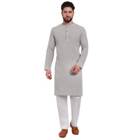 SKAVIJ Men's Handloom Cotton Solid Kurta Pajama Set Round Neck Casual Dress (KP117grey_Grey_S)