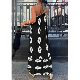 PRETTYGARDEN Women's Summer One Shoulder Maxi Dresses Printed Flowy Boho Beach Vacation Long Sundress (Black White Floral,Medium)