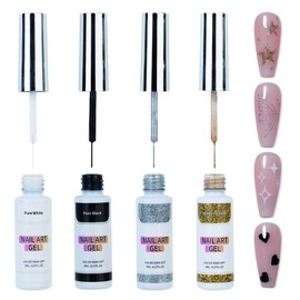 GOFLORDEN Nail Art Polish Set Gel Liner Nail Art Kit For Nail Design, 4 Colors Black White Gold Silver Design Paint with Thin Brush in Bottle Soak off Led Lamp Gel Liner Nail Polish Manicure Set