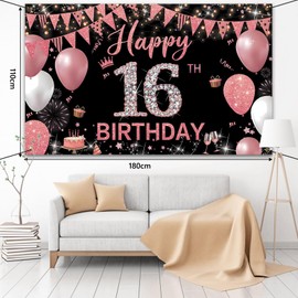 Couryxqq Happy Birthday Banner, 16th Birthday Decorations Backdrop, Extra Large Black Pink Party Decorations, Perfect Birthday Party Supplies Photography Background for Boys, and Girls, 180x110cm