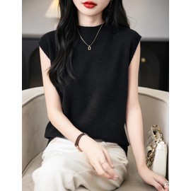 Chanyarn Women's 100% Merino Wool Pullover Spring Autumn Winter First-Line Ready to Wear Turtleneck Seamless Knitted Sleeveless Sweater Vest, black, M