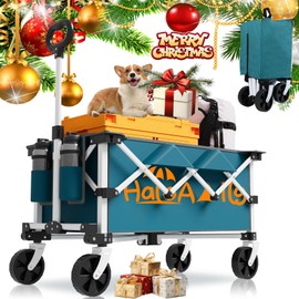 Collapsible Folding Wagon, 220lb Heavy Duty Practical Grocery Garden Cart for Travel, Portable Utility Wagon Cart with 4-Wheel for Yard Shopping Camping Fishing Sports Pet (Blue)