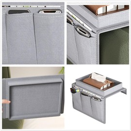 QRZLP Sofa Armrest Organizer, 4-Pocket Armchair Caddy with Cup Holder, Grey Fabric, 400g, Holds 4 Items