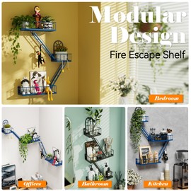 PROTITOUS Fire Escape Wall Shelf - NYC Metal Shelf with Decorative Window Design, Modular Floating Shelves for Bedroom, Living Room & Home Décor, Action Figure Display (Navy Blue,3-Tier)