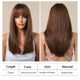testar Brown Wig With Bangs,Shoulder Length Straight Wigs For Women,Medium Length Dark Brown Wig,Synthetic Layered Wig Natural Looking Wigs For Daily Party Use 22IN…