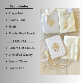SAJADAH Muslim Prayer Rug Set - 4 in One Islamic Gifts: Prayer Mat, Beads, Hijab, Surahs Book, Hajj Umrah & Ramadan Gifts for Muslim, Islam Eid (Cream)