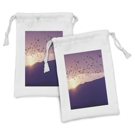 Lunarable Birds Fabric Pouch Set of 2, Flock of Flying to the Sunset Above the Heights Scenery of Nature Photo, Small Drawstring Bag for Toiletries Masks and Favors, 9" x 6", Purple Lavender Yellow