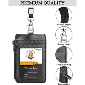 Teskyer ID Badge Holder with Lanyard, 1 Zip Pocket and 4 Card Slots, Lanyard ID Card Holder Wallet for Office School Work Badges, Cruise Ship Cards, Hotel Key Cards, Pass Cards - Black