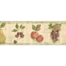 CONCORD WALLCOVERINGS ™ Fruits Themed Wallpaper Border Featuring Pears Grapes Apples Cherries, Colors Green Red Yellow, Size 7 Inches by 15 Feet TK78256