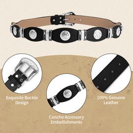 Men's Western Ranger Belt – Full Grain Leather – Scalloped Design, Silver Conchos – Removable Buckle – Cowboy Dress Belt