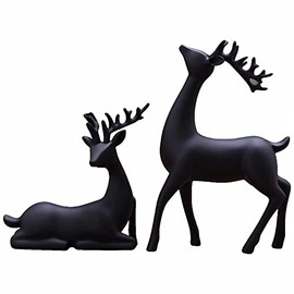 Luganiso Christmas Reindeer Figurines Set of 2 Resin Deer Statues Elk Sculpture Deer Ornaments for Living Room TV Cabinet Wine Cabinet Home Decor, Black, 7 x 3 x 9.4 Inch