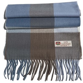 Unbranded Mens Womens Winter Warm 100% CASHMERE Scarf Check Plaid Blues / Tan SOFT Wool