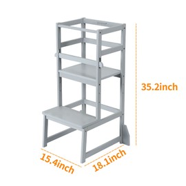 Zytty Toddler Step Stool Toddler Kitchen Stool, Adjustable-Height Toddler Tower Stool Kitchen Wooden Helper Step Stools for Kids, Grey…