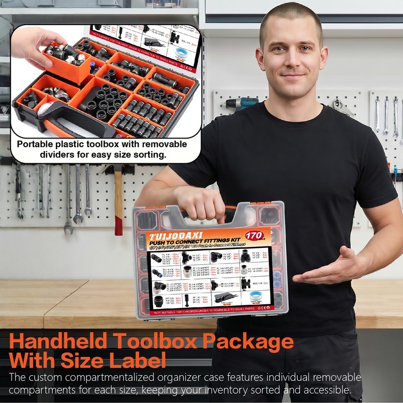 170PCS Push-to-Connect Air Fittings Kit, Quick Connect 1/8",1/4",5/16",3/8",1/2" NPT with