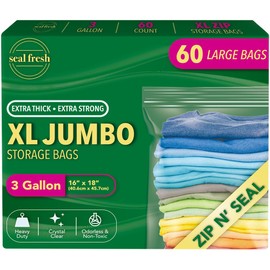 Seal Fresh 3 Gallon Large Plastic Storage Bags – 16" x 18" (60 Count) – Reusuable XXL Extra Large Heavy Duty Clear Jumbo Freezer Zip Lock Bags with Sealable Zipper Top For Clothes, Travel, Moving