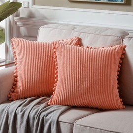 Fancy Homi Pack of 2 Coral Decorative Throw Pillow Covers 20x20 Inch with Pom-poms for Living Room Couch Bedroom, Soft Corduroy Peach Solid Square Cushion Case 50x50 cm, Rustic Farmhouse Home Decor