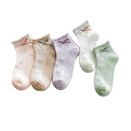 QinTian Kids' Socks, Short Socks, Children's Socks, For Girls and Boys, Spring and Summer Mesh, Thin, Plain, Cute, Princess, Lace, Ribbon, Border, Baby Shower, Kindergarten Commute, 5 Sets, White,