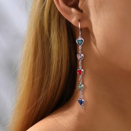 Inateannal Colorful Crystal Heart Dangle Earrings Long Rhinestone Chain Tassel Earrings Silver Huggie Hoop Studs Rainbow Heart Earring Jewelry for Women