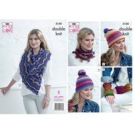 King Cole 5150 Knitting Pattern Cowl Hats Hand Warmers and Shawl in Riot DK