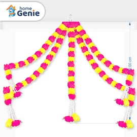 Home Genie Genda Phool Artificial Marigold Fluffy Flower/Genda Phool Garlands String for Diwali, Navratri, Durga Pooja Festival Office Decoration - 5 Piece (Yellow and Pink)