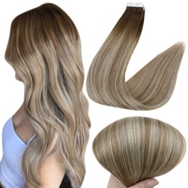 Full Shine 20 Inch Tape In 100 Percent Real Human Hair Balayage Color 3 Fading to 8 Highlighted 22 Medium Blonde Tape Hair Extensions Seamless Invisible 50 Grams Per Pack Glue in Hair Extensions