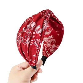 NYRWFQXG Red Bandana Headbands Knotted Headband Boho Paisley Print Head Bands Cross Knot Hair Bands Wide Paisley Headbands for Women Girls Vintage Bandana Hairbands Soft Knot Headband